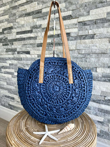 luscious scarves Blue Large Circular Straw Beach / Holiday Bag