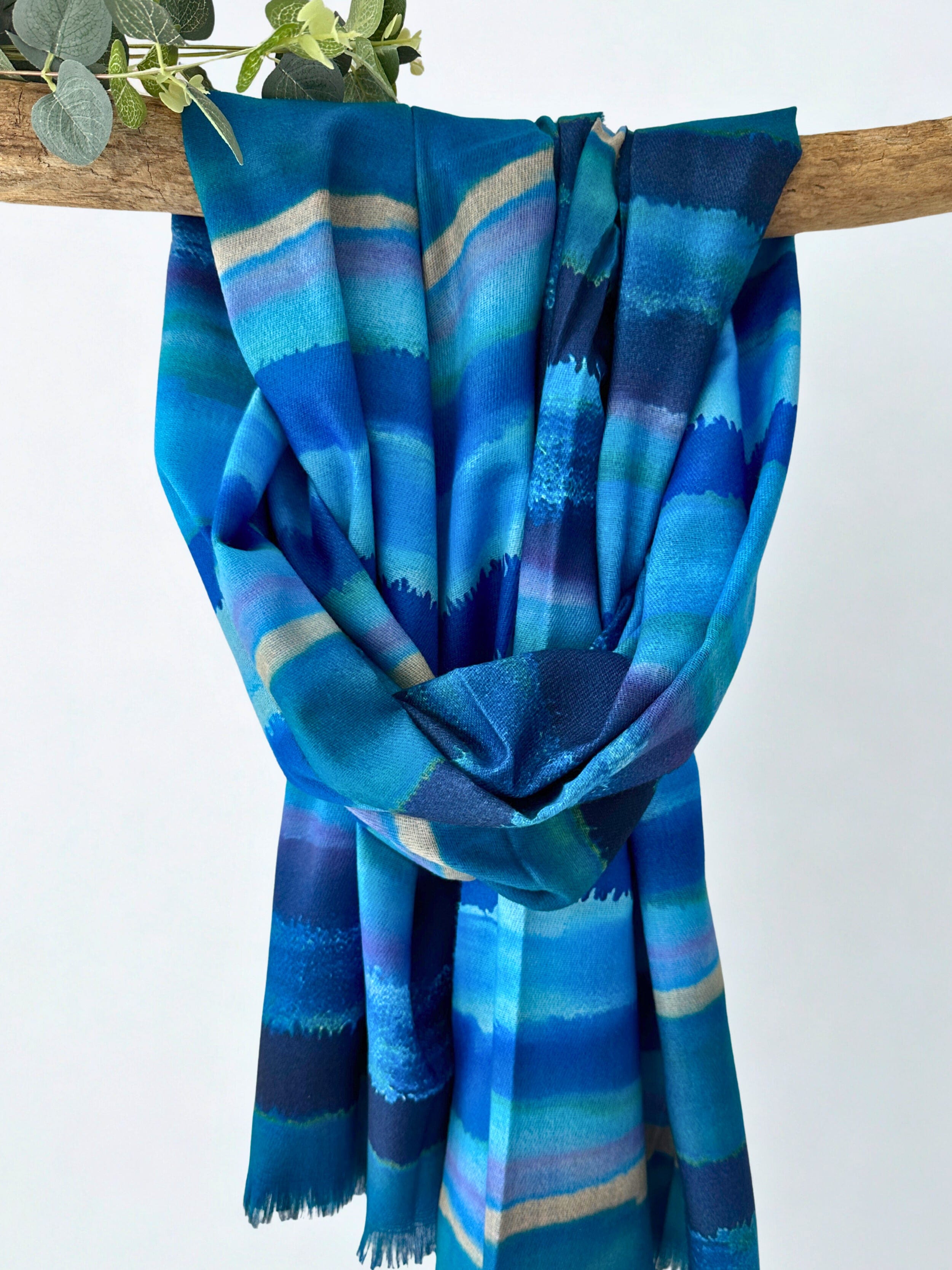 luscious scarves Blue Tie Dye Stripes Scarf , Medium Weight .