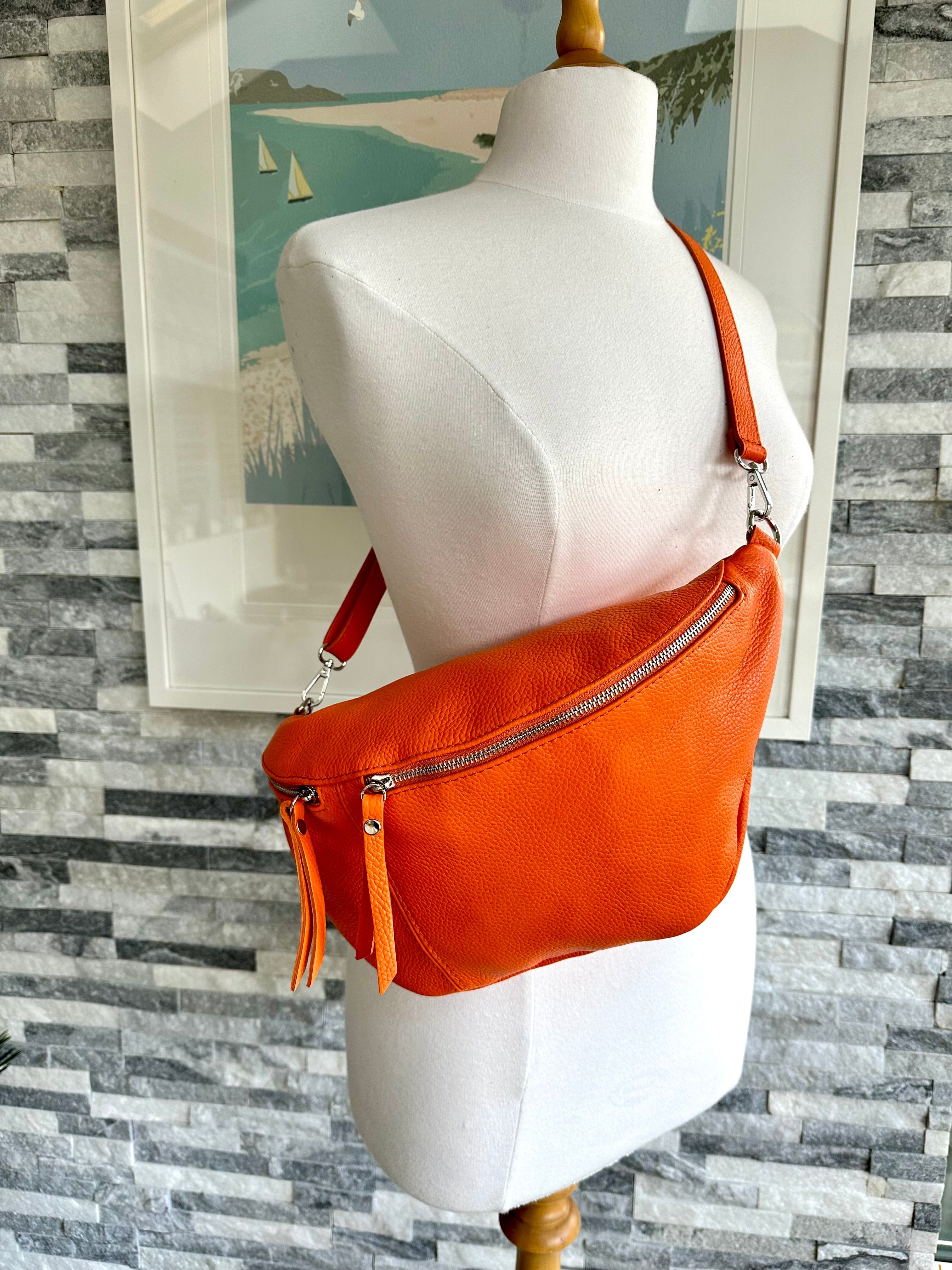 luscious scarves Bright Orange Italian Leather Sling Bag / Chest Bag