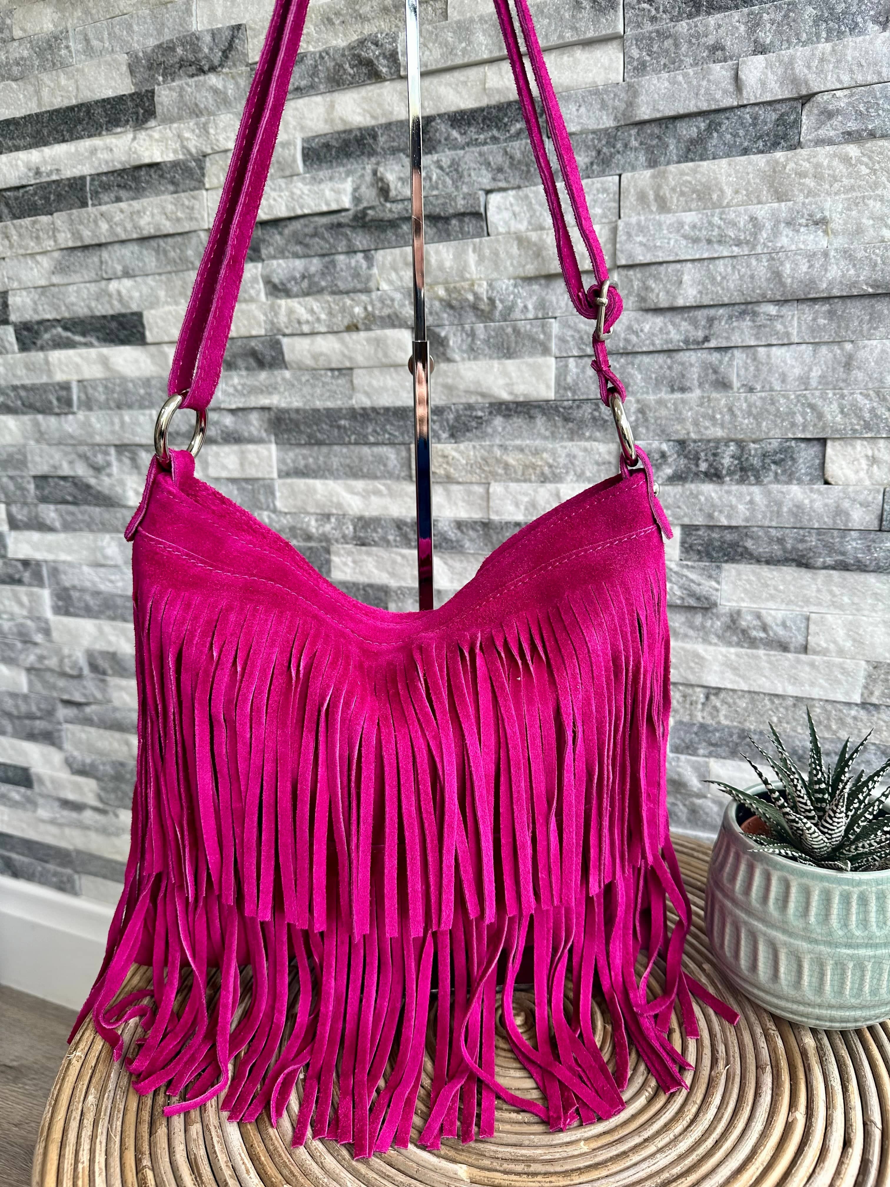 luscious scarves Cerise Hot Pink Italian Suede Leather Tassel, Fringe Crossbody / Shoulder Bag . 7 Colours Available