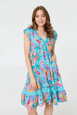 Load image into Gallery viewer, luscious scarves Clothing 8 Abstract Print Button Front Midi Dress with Lace Trim – Turquoise Multi
