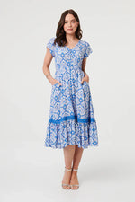 Load image into Gallery viewer, luscious scarves Clothing 8 Blue &amp; White Printed Button Front Midi Dress with Pockets
