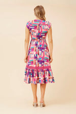 Load image into Gallery viewer, luscious scarves Clothing Abstract Print Button Front Midi Dress with Frill Hem – Pink Multi
