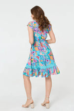 Load image into Gallery viewer, luscious scarves Clothing Abstract Print Button Front Midi Dress with Lace Trim – Turquoise Multi
