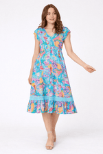 Load image into Gallery viewer, luscious scarves Clothing Abstract Print Button Front Midi Dress with Lace Trim – Turquoise Multi
