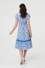 Load image into Gallery viewer, luscious scarves Clothing Blue &amp; White Printed Button Front Midi Dress with Pockets
