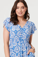Load image into Gallery viewer, luscious scarves Clothing Blue &amp; White Printed Button Front Midi Dress with Pockets
