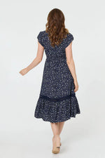 Load image into Gallery viewer, luscious scarves Clothing Navy Polka Dot Button Front Midi Dress with Frill Hem
