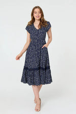 Load image into Gallery viewer, luscious scarves Clothing Navy Polka Dot Button Front Midi Dress with Frill Hem
