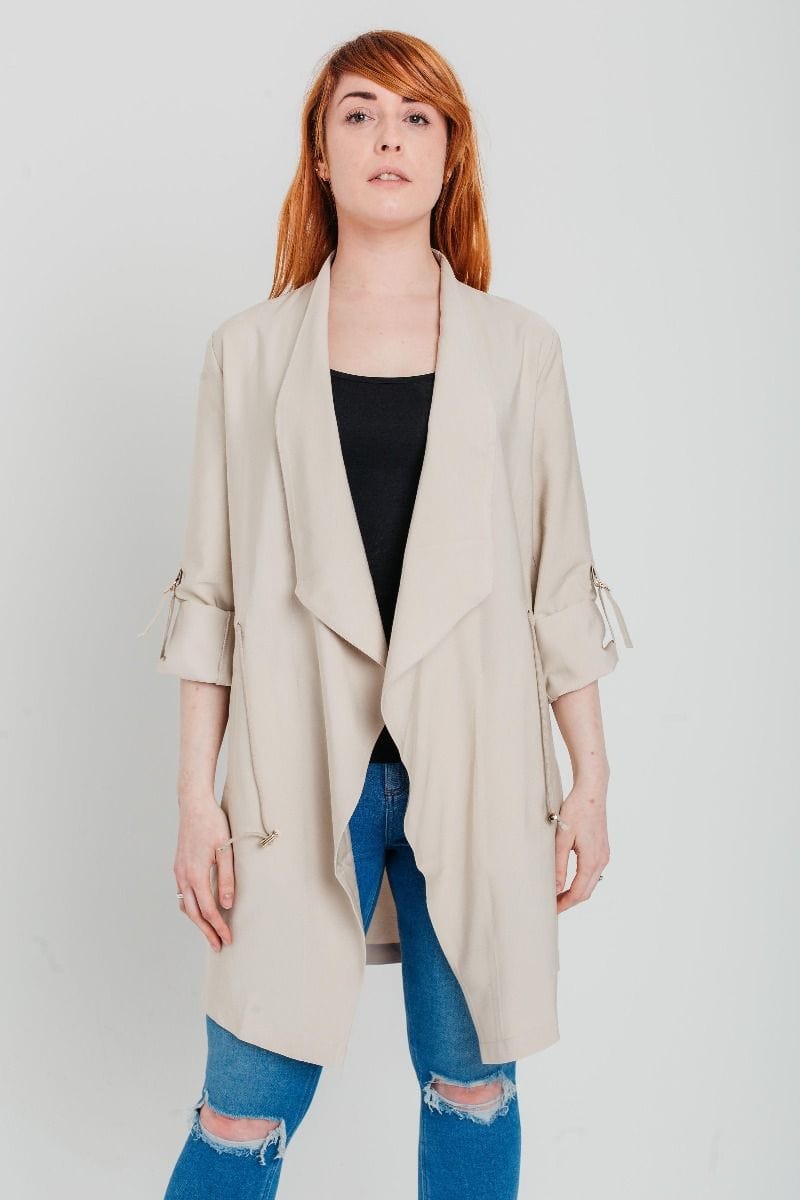 Miss Sparrow Light Weight Waterfall Collar Summer Jacket, Beige