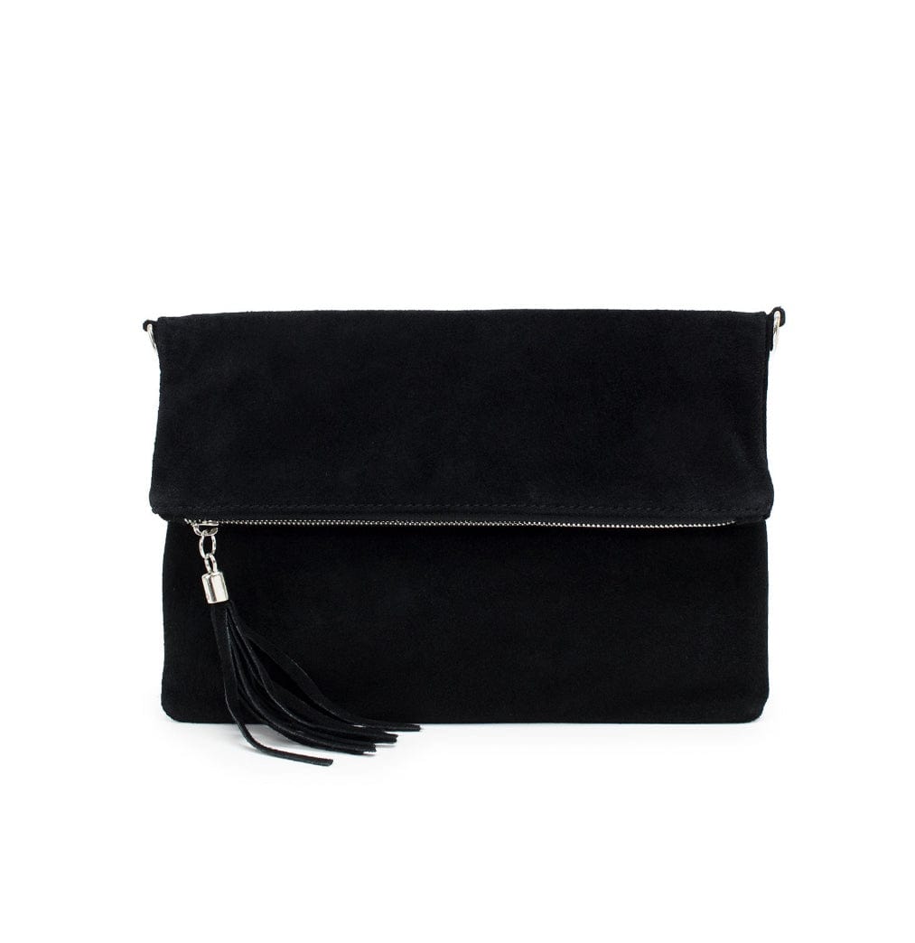 luscious scarves clutch bag Black Italian Suede Leather Fold Over Clutch Bag with Tassel.
