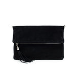 Load image into Gallery viewer, luscious scarves clutch bag Black Italian Suede Leather Fold Over Clutch Bag with Tassel.
