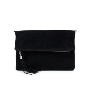 luscious scarves clutch bag Black Italian Suede Leather Fold Over Clutch Bag with Tassel.