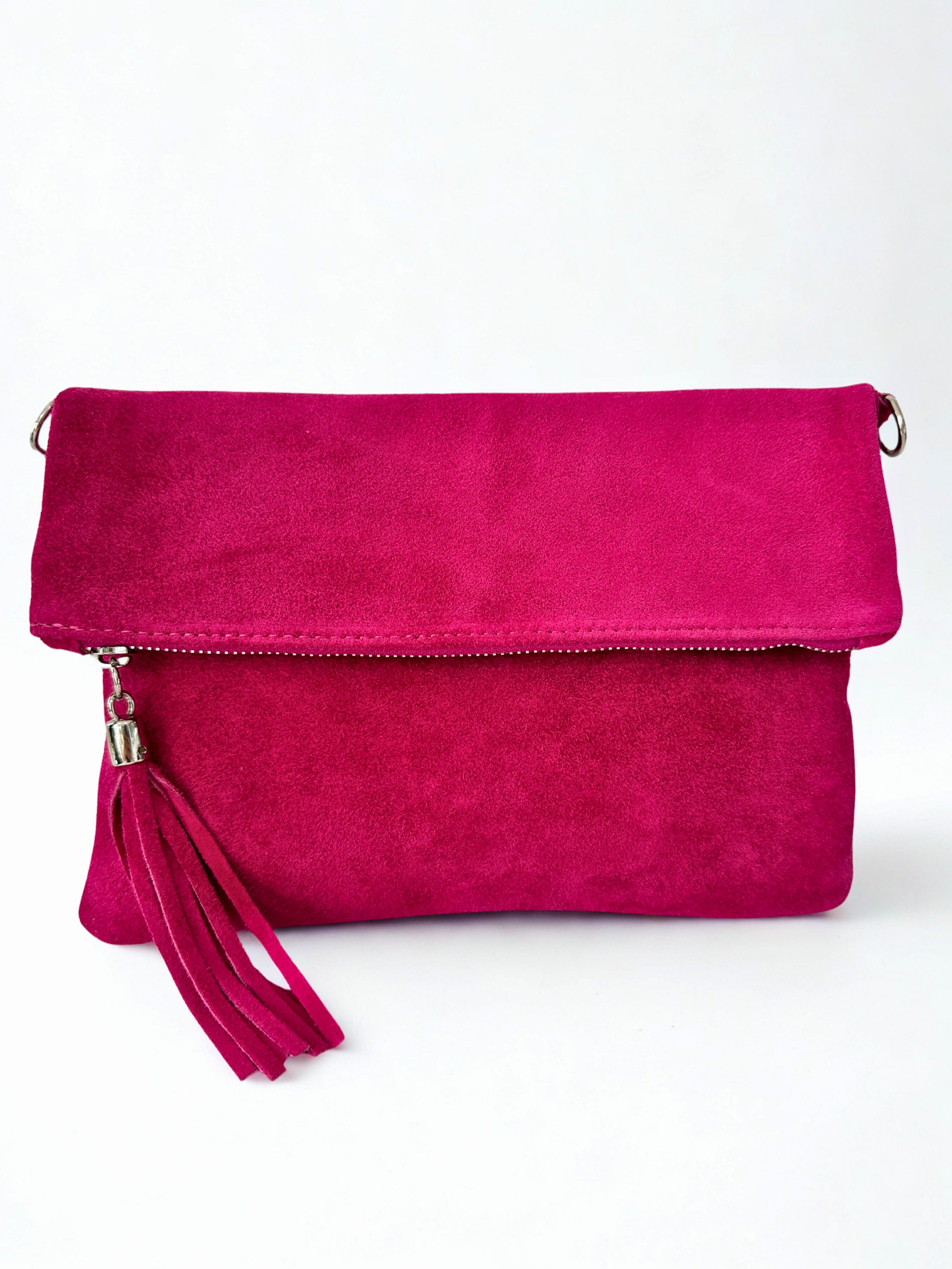 luscious scarves clutch bag Cerise pink Italian Suede Leather Fold Over Clutch Bag with Tassel.