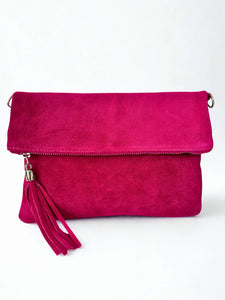 luscious scarves clutch bag Cerise pink Italian Suede Leather Fold Over Clutch Bag with Tassel.