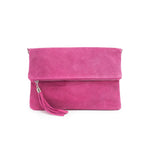 Load image into Gallery viewer, luscious scarves clutch bag Hot pink Italian Suede Leather Fold Over Clutch Bag with Tassel.
