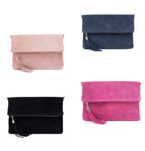 luscious scarves clutch bag Italian Suede Leather Fold Over Clutch Bag with Tassel.