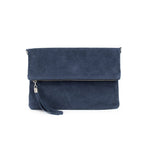 Load image into Gallery viewer, luscious scarves clutch bag Navy Italian Suede Leather Fold Over Clutch Bag with Tassel.
