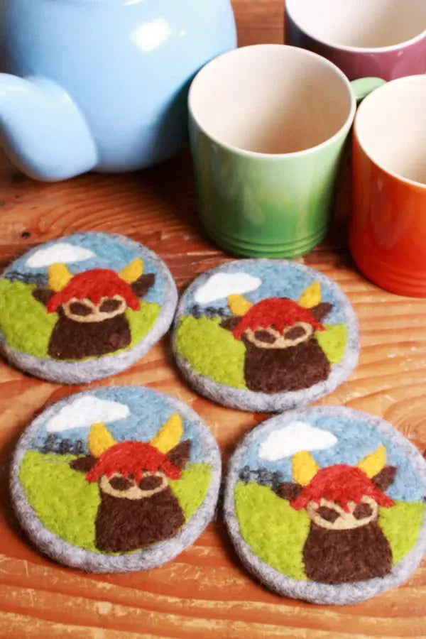 luscious scarves coasters Pachamama Highland Cow Coaster 10cm Pk 4, Hand Felted.
