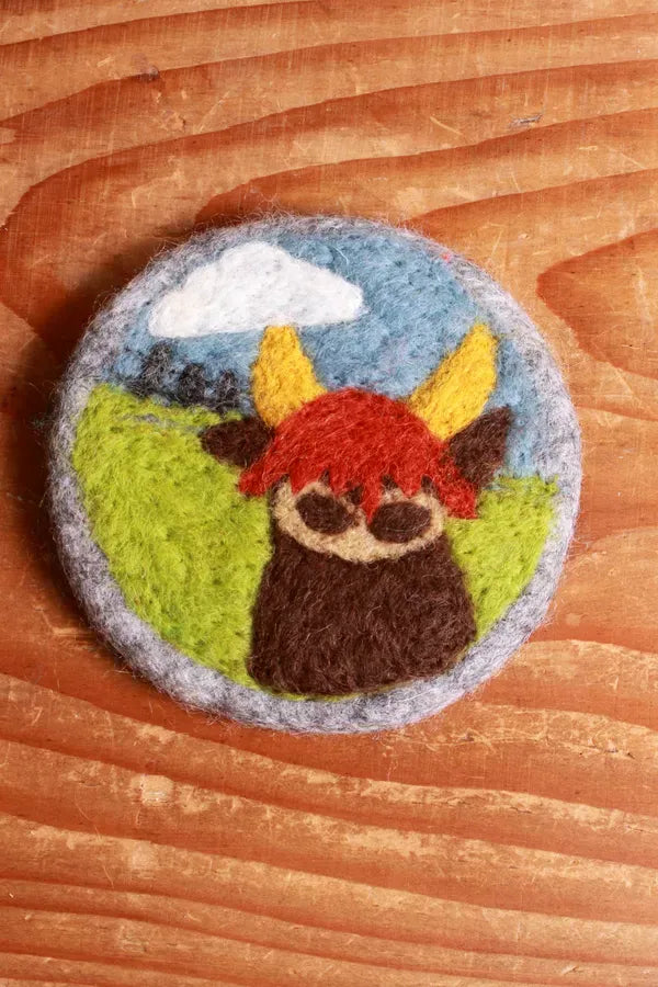 luscious scarves coasters Pachamama Highland Cow Coaster 10cm Pk 4, Hand Felted.