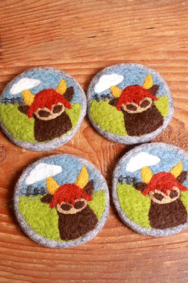 luscious scarves coasters Pachamama Highland Cow Coaster 10cm Pk 4, Hand Felted.