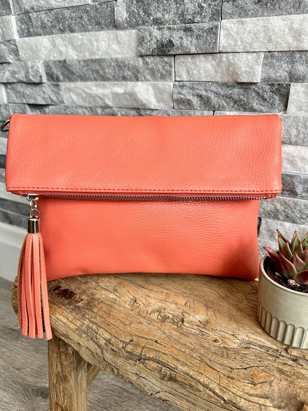 luscious scarves Coral Fold Over Italian Leather Clutch Bag