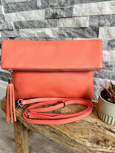 luscious scarves Coral Fold Over Italian Leather Clutch Bag