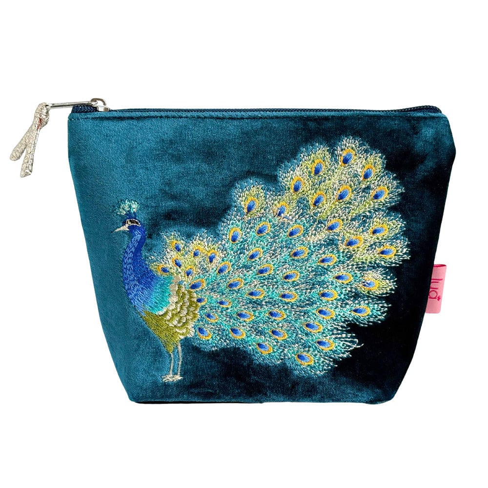 luscious scarves cosmectic bag Lua Teal Velvet Small Cosmetic Purse with an Embroidered Peacock Design.