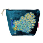 Load image into Gallery viewer, luscious scarves cosmectic bag Lua Teal Velvet Small Cosmetic Purse with an Embroidered Peacock Design.
