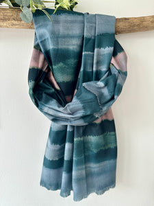 luscious scarves Deep Teal/Grey Tie Dye Stripes Scarf , Medium Weight .