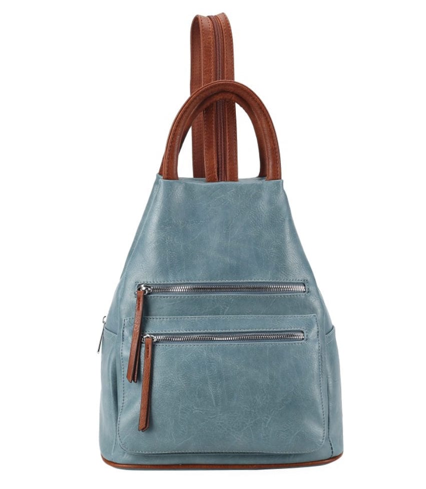 luscious scarves Denim Blue Faux Vegan Leather Triangular Backpack with Double Front Pockets, Available in 10 colours.