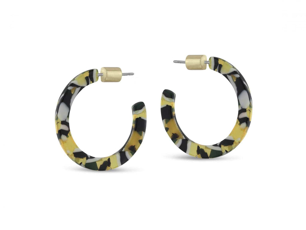 luscious scarves Earrings Big Metal Isla Small Hoop Resin Earrings , Yellow, Black and White mix.