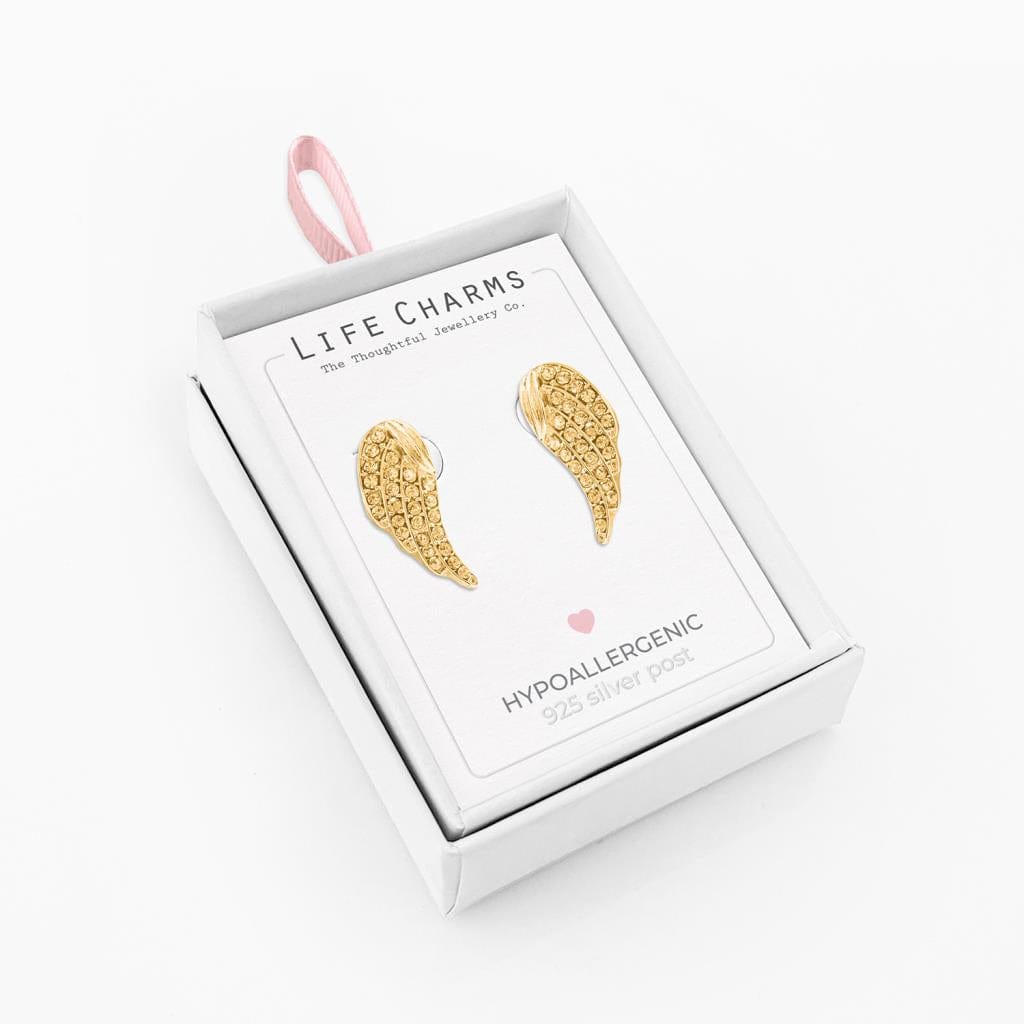 luscious scarves Earrings Life Charms Crystal angel wing gold studs