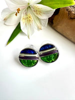 Load image into Gallery viewer, luscious scarves Earrings Miss Milly Green , Purple and Cobalt Blue Coloured Tones Saturn Earrings FE603
