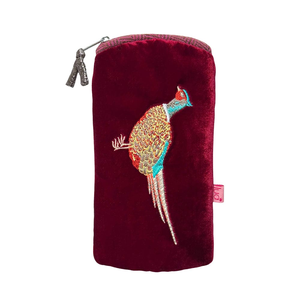 luscious scarves glasses case Burgundy Lua Velvet Glasses Purse with a Embroidered Pheasant Design.