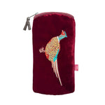 Load image into Gallery viewer, luscious scarves glasses case Burgundy Lua Velvet Glasses Purse with a Embroidered Pheasant Design.
