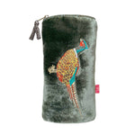 Load image into Gallery viewer, luscious scarves glasses case Green Lua Velvet Glasses Purse with a Embroidered Pheasant Design.
