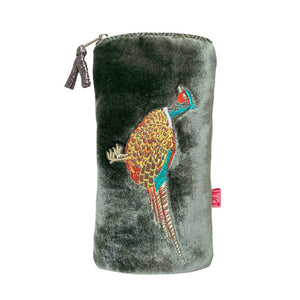 luscious scarves glasses case Green Lua Velvet Glasses Purse with a Embroidered Pheasant Design.