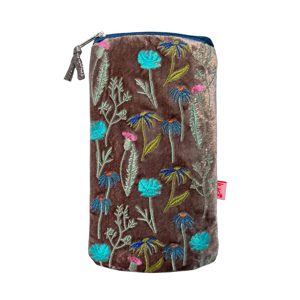 luscious scarves glasses case Lua Embroidered Meadow Design Velvet Glasses Case in Soft Mink and Turquoise .