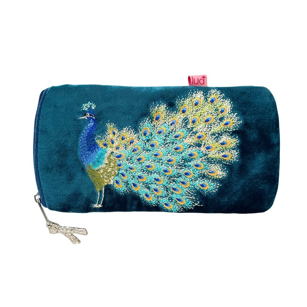luscious scarves glasses case Lua Petrol Green Velvet Glasses Purse with a Embroidered Peacock Design