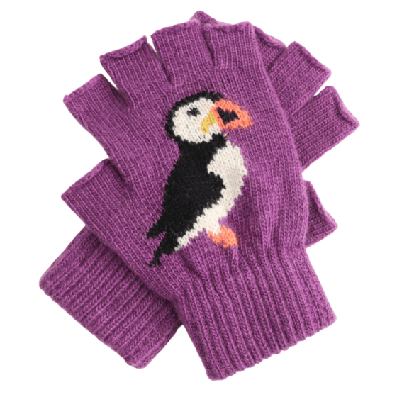 luscious scarves GLOVES Purple Fingerless Wool Blend Gloves with a Cute Puffin Design.