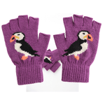 Load image into Gallery viewer, luscious scarves GLOVES Purple Fingerless Wool Blend Gloves with a Cute Puffin Design.
