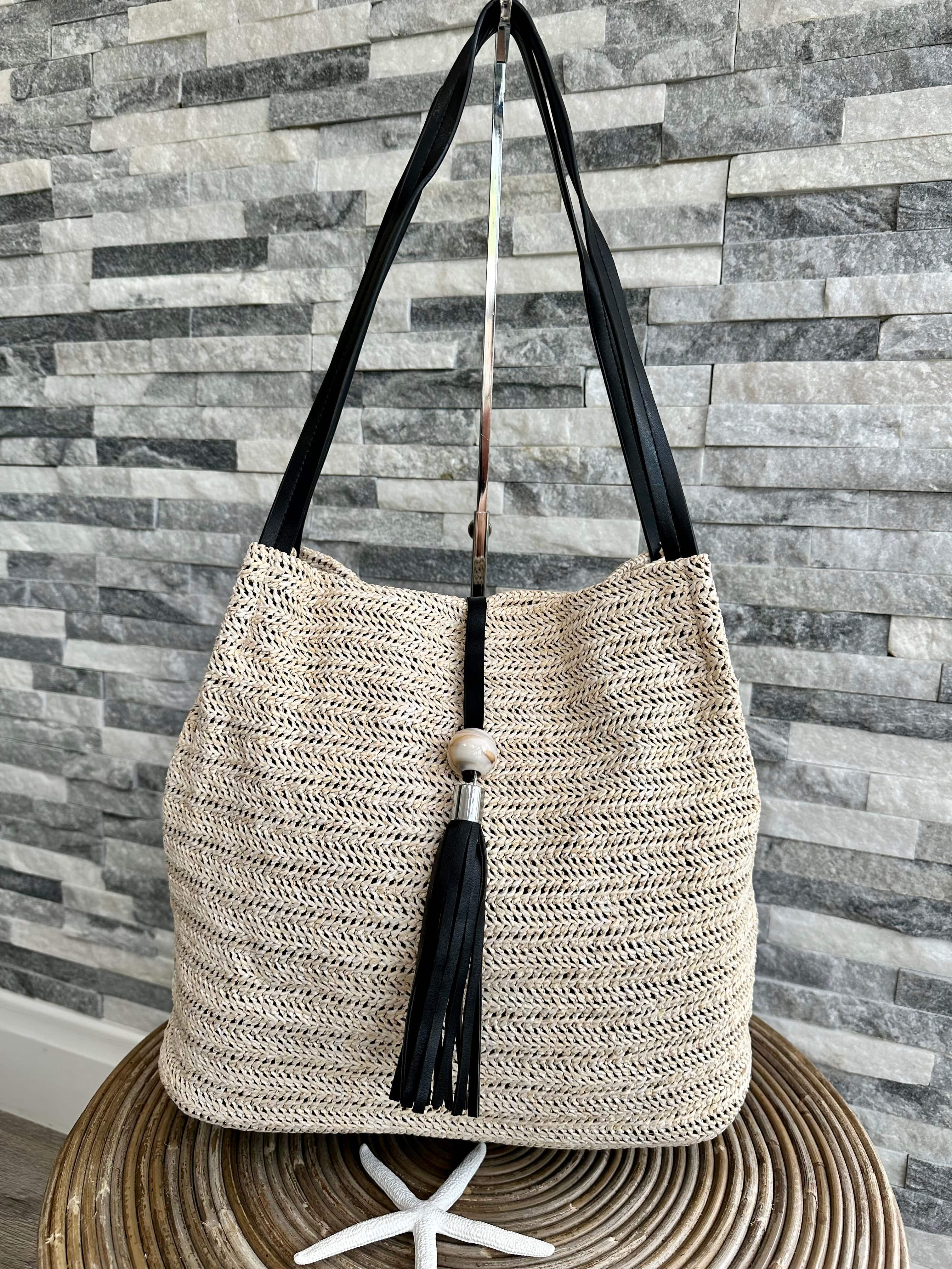 luscious scarves Handbags Cream and Black Woven Shoulder Bag with Tassel and Bead .