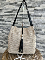 Load image into Gallery viewer, luscious scarves Handbags Cream and Black Woven Shoulder Bag with Tassel and Bead .

