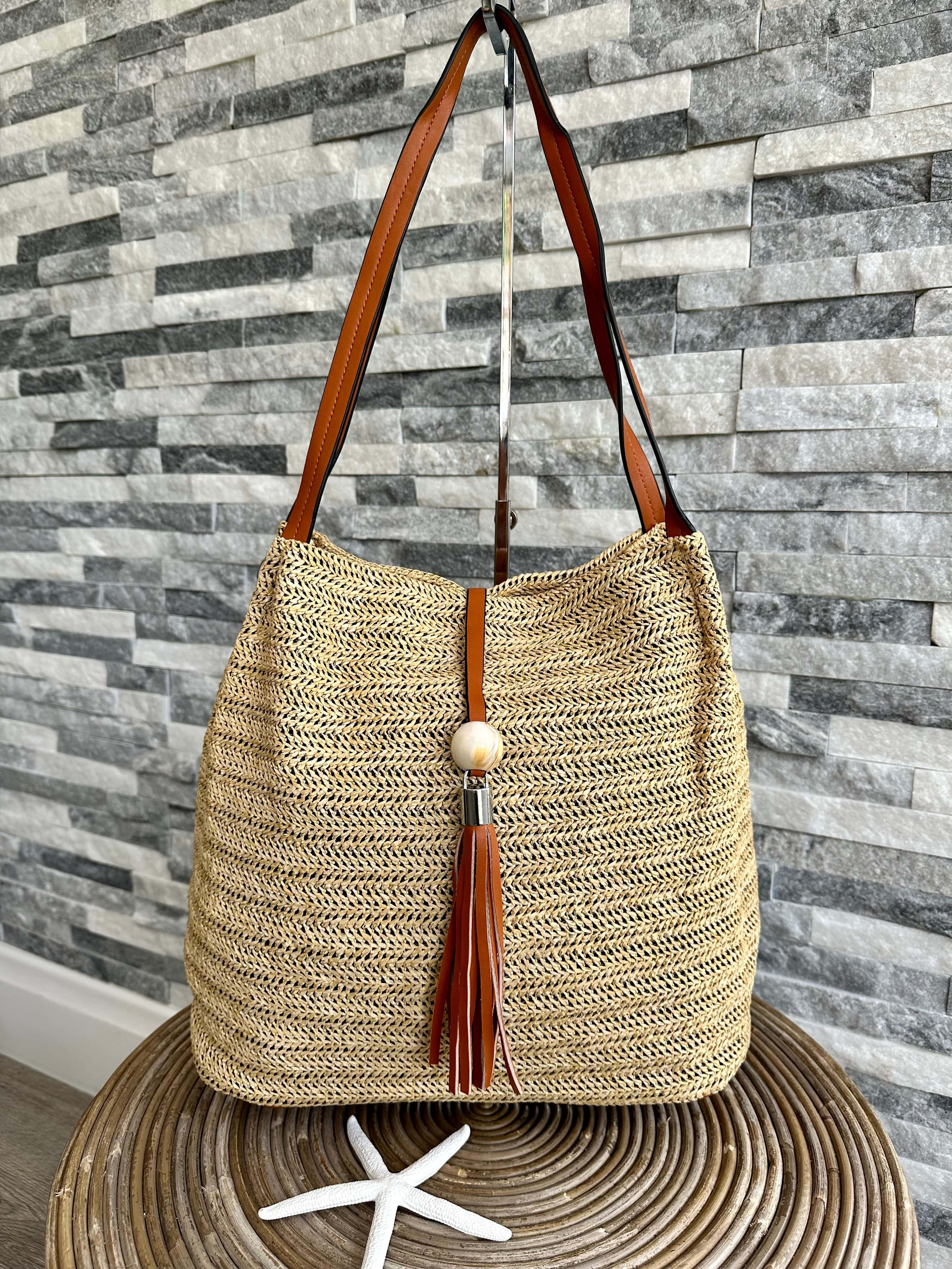 luscious scarves Handbags Sand and Tan Woven Shoulder Bag with Tassel and Bead .