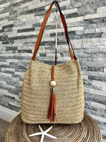 Load image into Gallery viewer, luscious scarves Handbags Sand and Tan Woven Shoulder Bag with Tassel and Bead .
