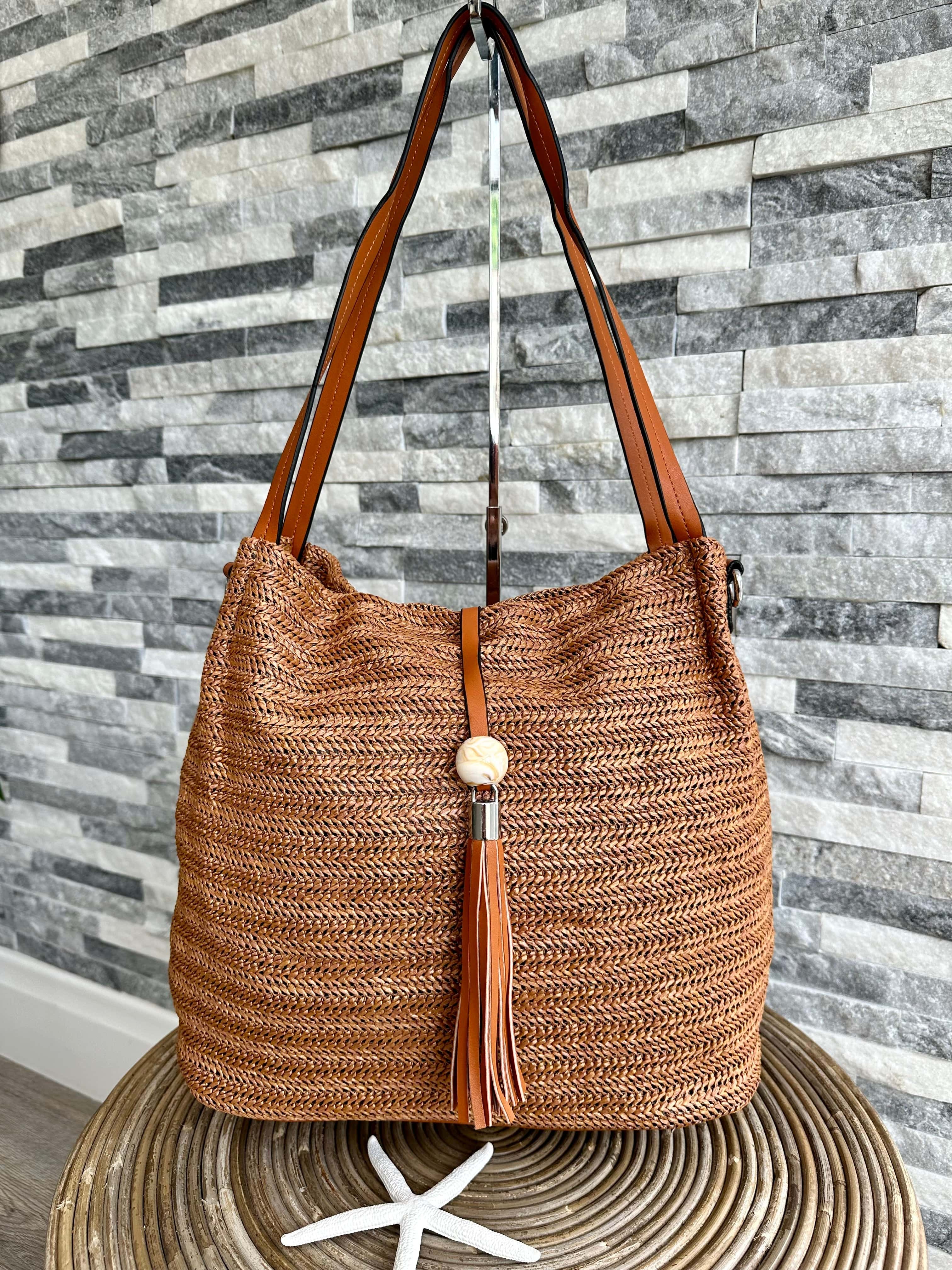 luscious scarves Woven Shoulder Bag with Tassel and Bead .