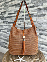 Load image into Gallery viewer, luscious scarves Woven Shoulder Bag with Tassel and Bead .
