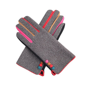 luscious scarves Hat scarf gloves Miss Sparrow Black Herringbone Gloves with Multi Coloured Trim and Buttons