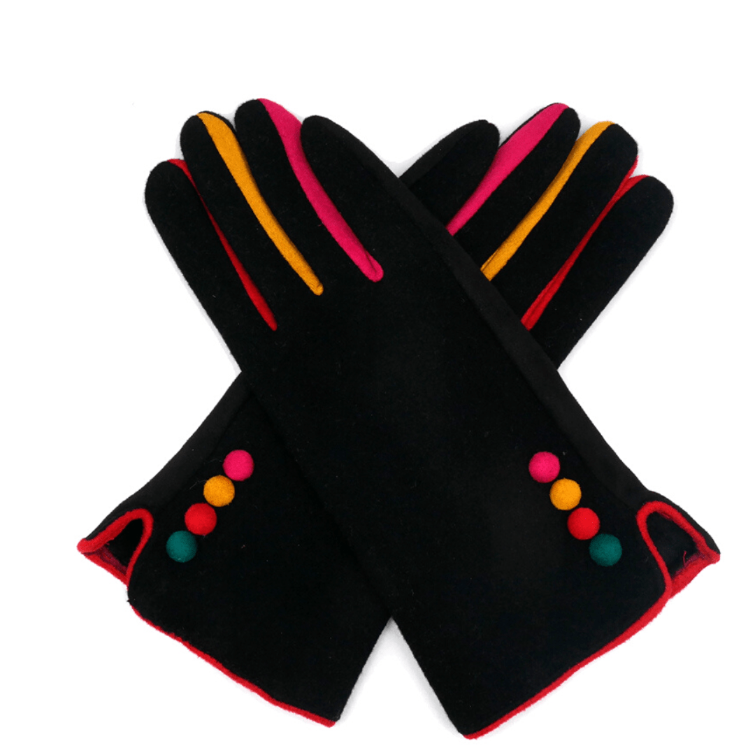 luscious scarves Hat scarf gloves Miss Sparrow Ladies Black Smart Gloves with Multi Coloured Button Detailing.